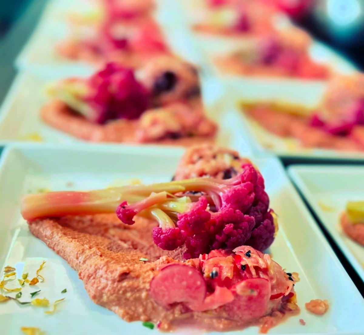 Monochrome Vorspeise in Rosa mit Blumenkohl, Hummus und Taboulé